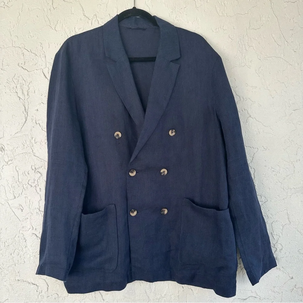 ZARA Linen Blazer Mens Large Double Breasted Pockets Sport Coat Business Casual